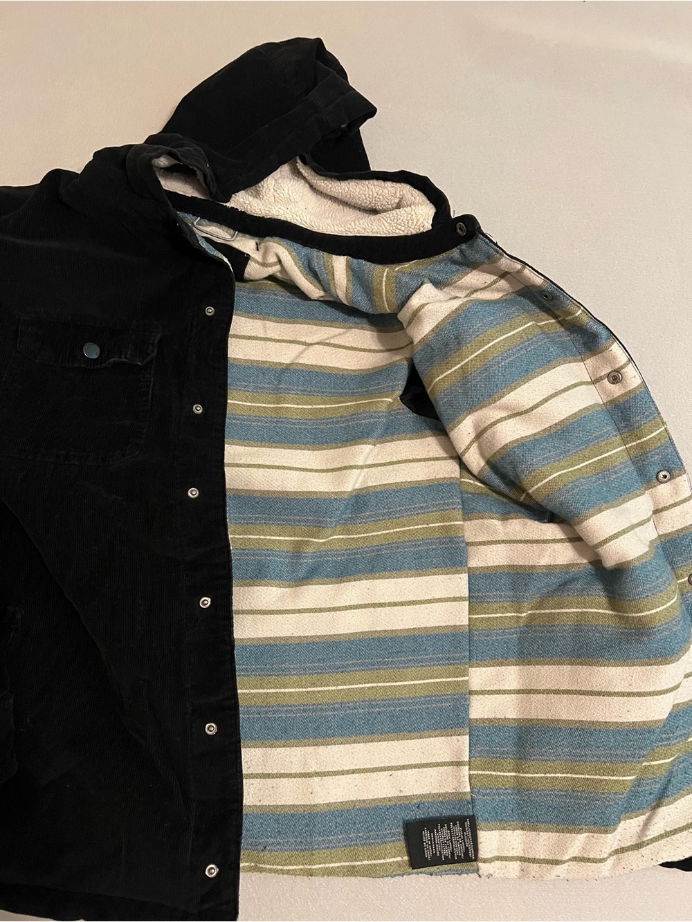 Hang Ten Black Corduroy Hooded Puffer Jacket - Sherpa Lined